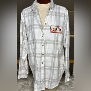 Abercrombie & Fitch Gray Plaid Button Down Boyfriend Shirt Embellished Cute